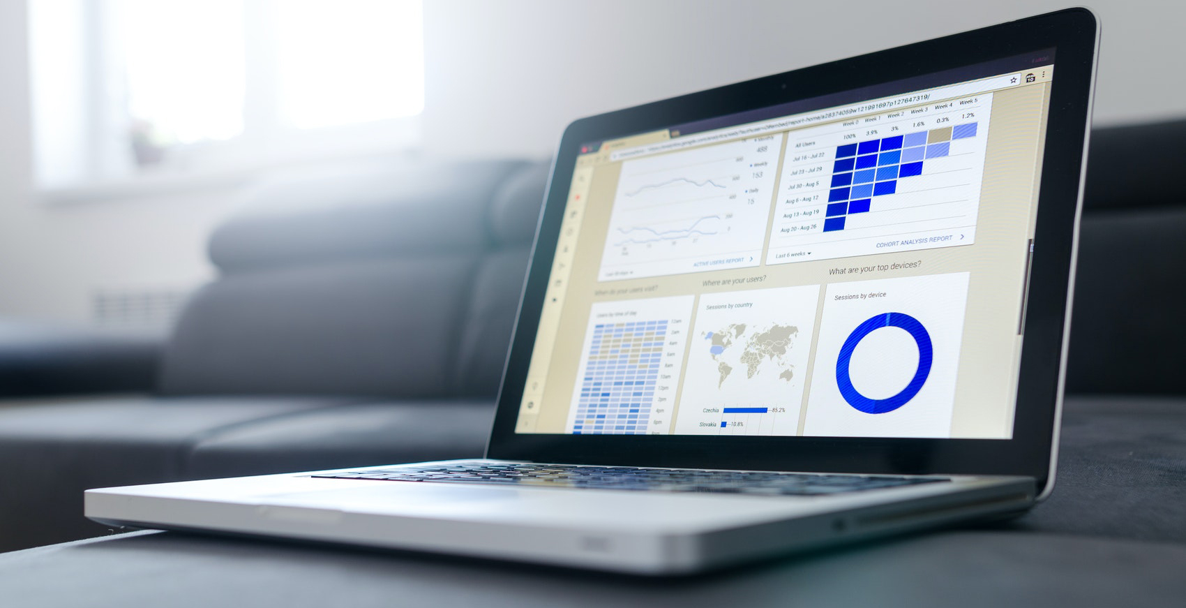 Laptop on a sofa with analytics displaying on the screen